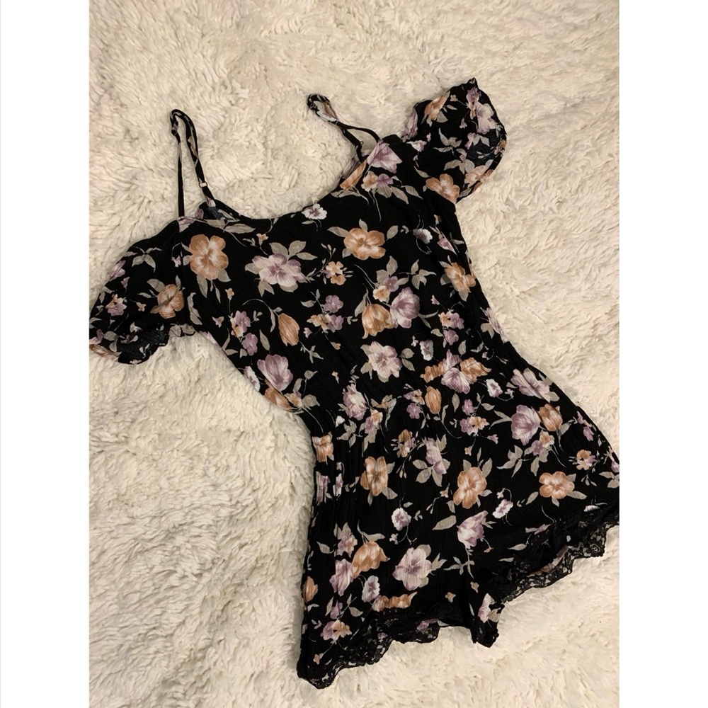 Romper black with Purple and brown flowers